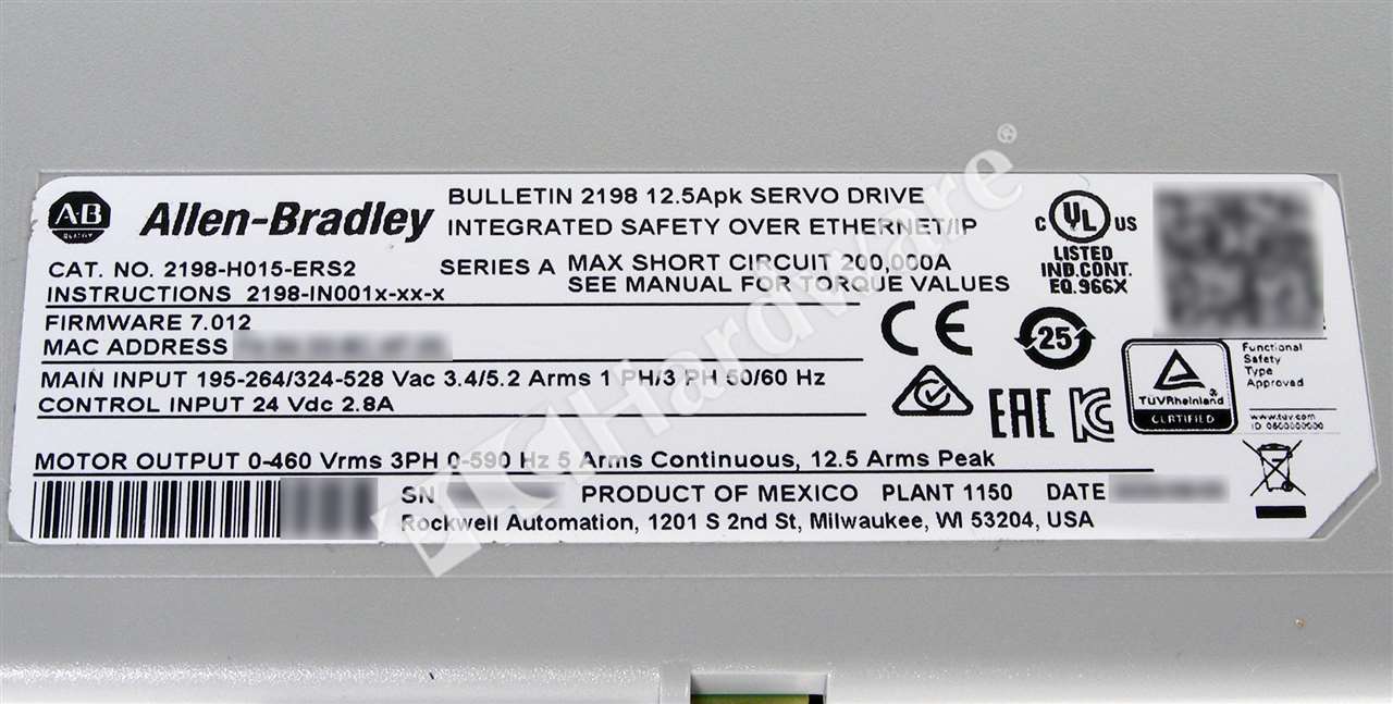 PLC Hardware: Allen-Bradley 2198-H015-ERS2 Kinetix 5500 Servo Drive, 12.5A