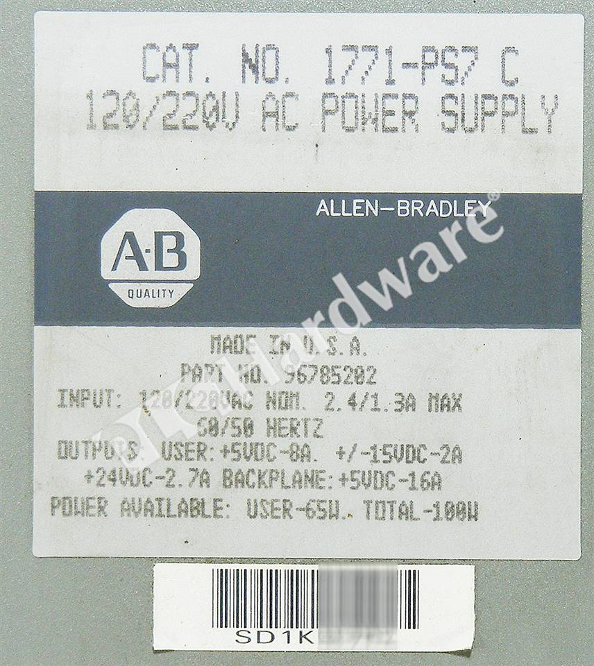 PLC Hardware - Allen Bradley 1771-PS7 Series C, Surplus Open Pre-owned