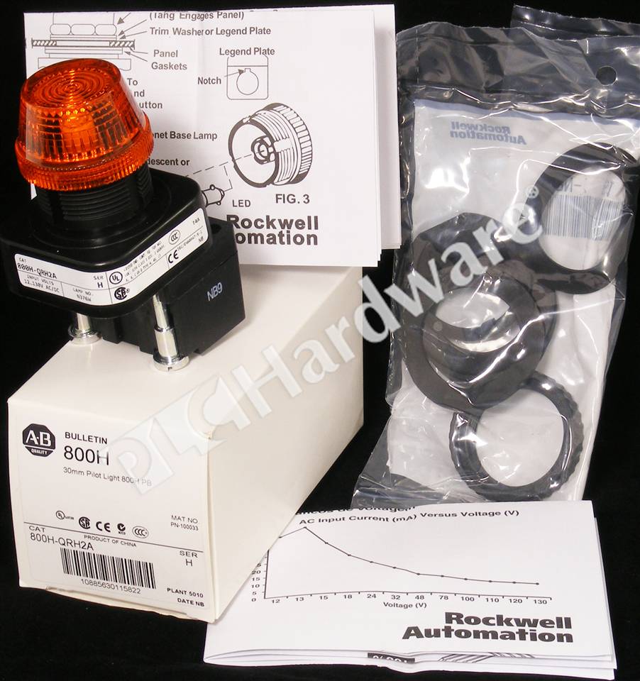 PLC Hardware: Allen-Bradley 800H-QRH2A 30.5mm Pilot Light, LED, Amber ...