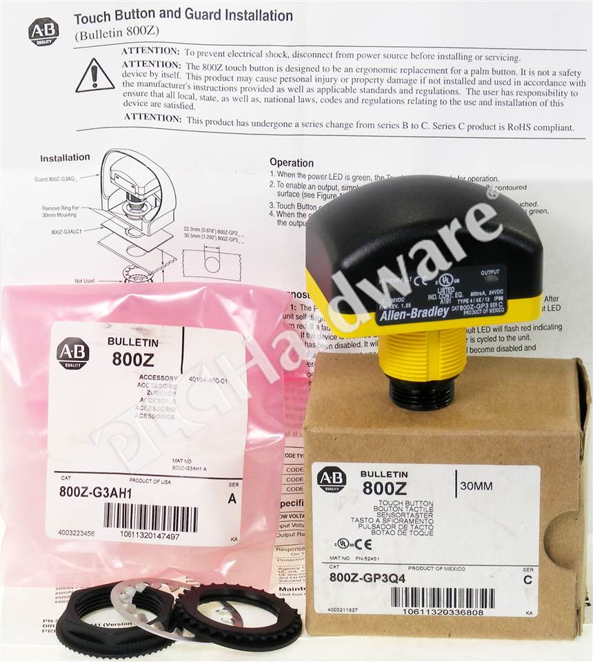 PLC Hardware: Allen-Bradley 800Z-GP3Q4 30.5mm Momentary Touch Button