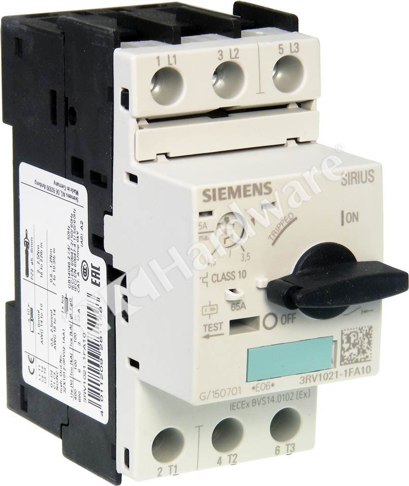 Siemens 3RV1021-1JA15 Manual Motor Starter adjustable from 7-10 AMPS with 1 NO and 1 NC transverse auxiliary contact